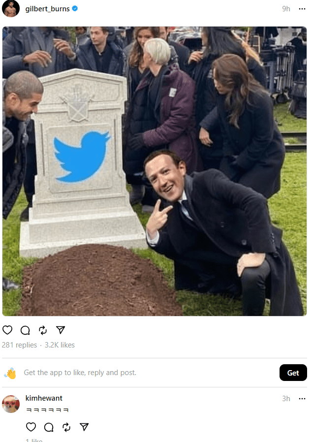 Screenshot of Gilbert Burns mocking Twitter with the release of Instagram threads.